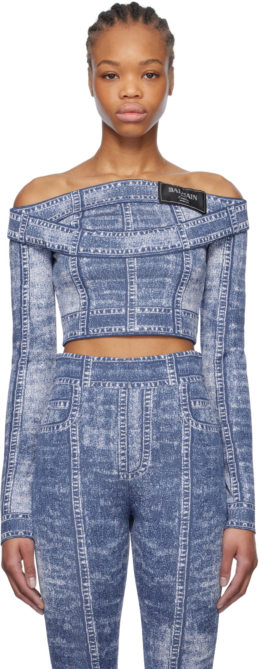 Спортивний костюм Balmain Balmain Denim Off-Shoulder Top Синій | EF1AO385KH80