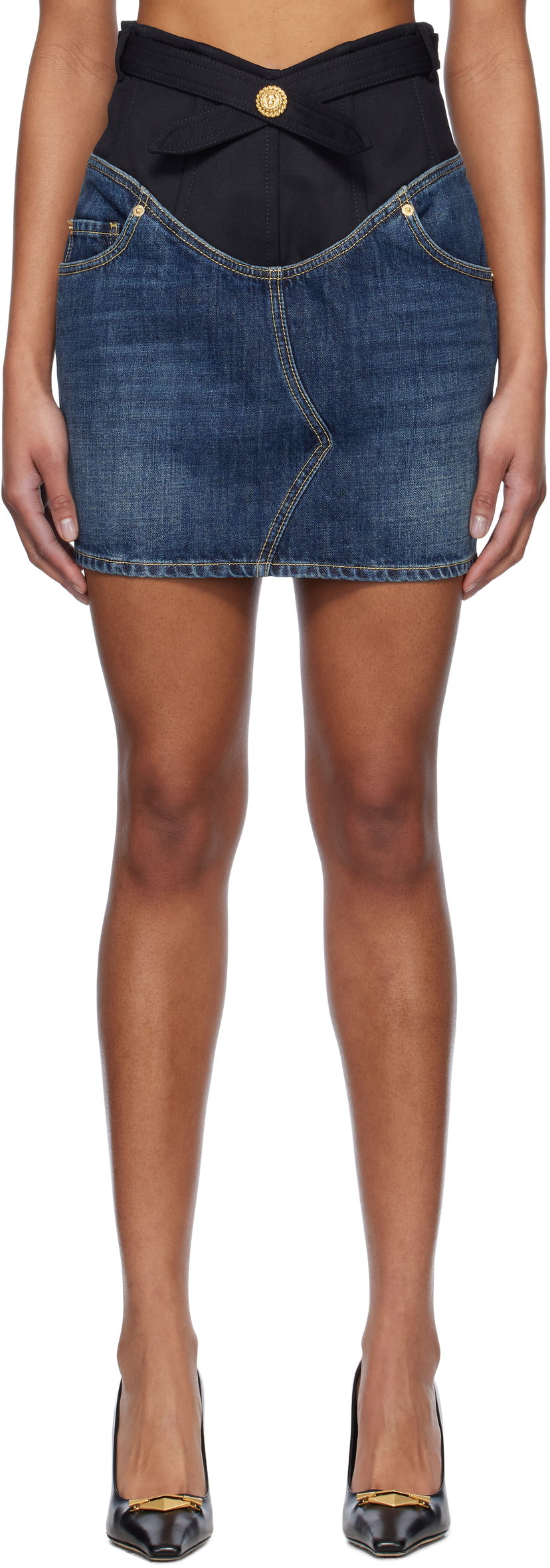 Спідниця Balmain Balmain Crêpe and Denim Miniskirt Синій | EF1LBA56DF25