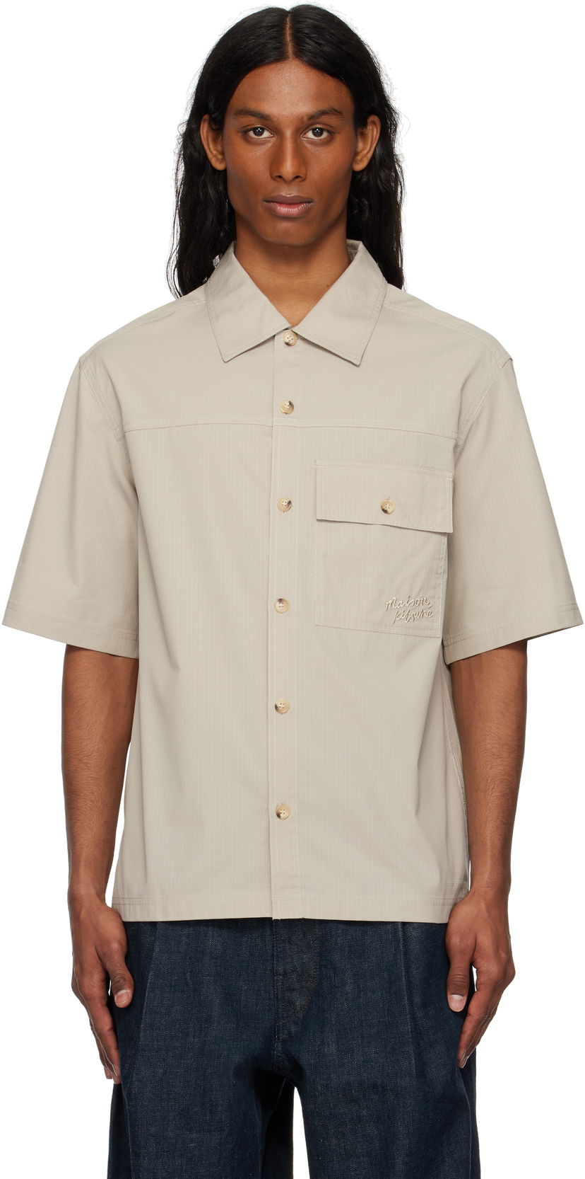 Сорочка MAISON KITSUNÉ Maison Kitsuné Short Sleeve Overshirt бежевий | OM00429WW9020
