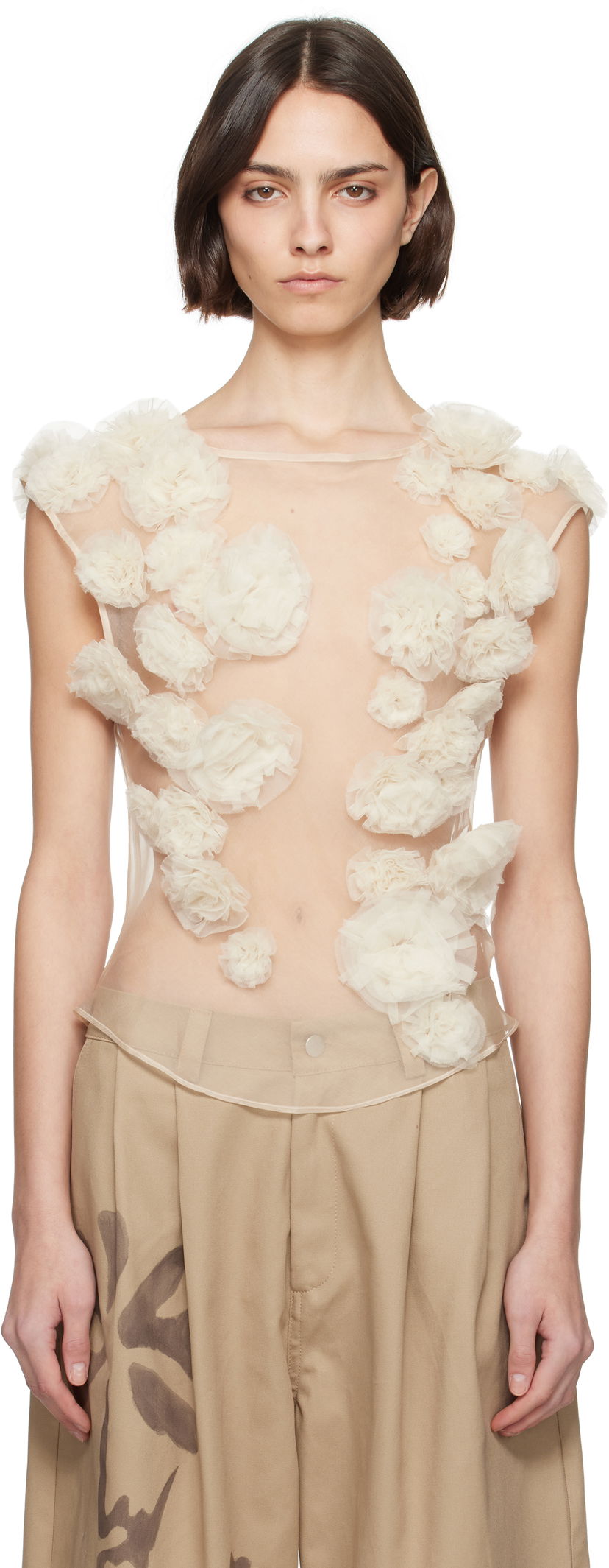 Безрукавка Collina Strada Collina Strada Meadow Path Floral Appliquéd Tulle Tank Top бежевий | XX3057
