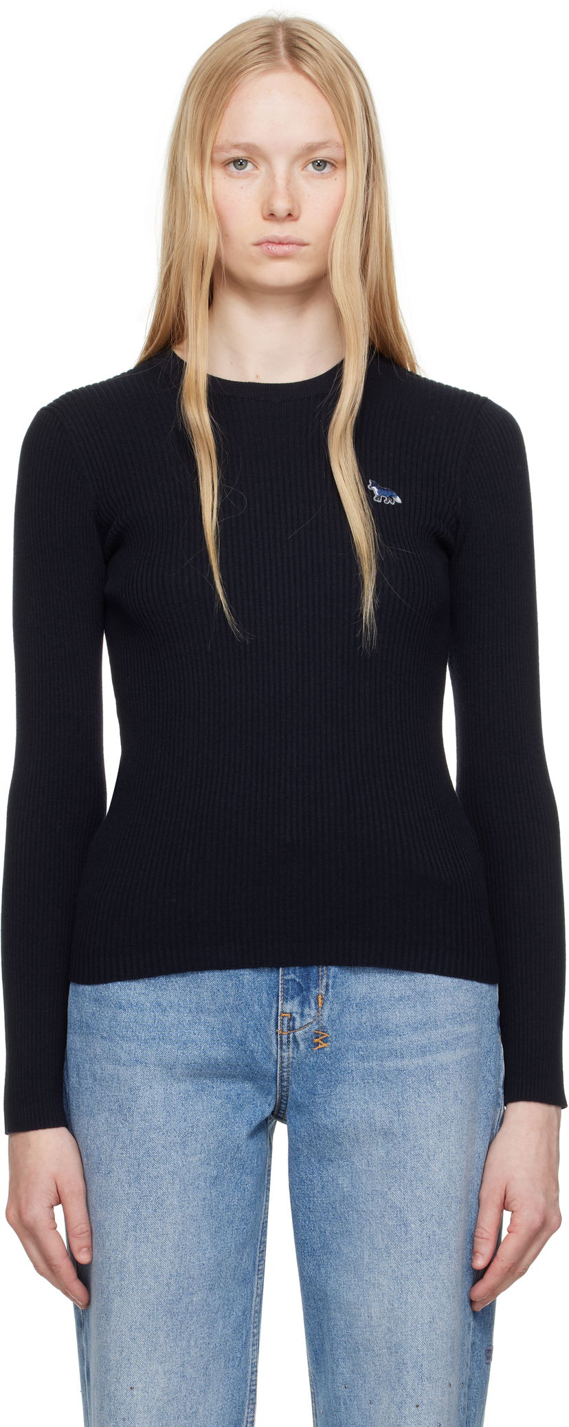 Cветр MAISON KITSUNÉ Maison Kitsuné Baby Fox Patch Fine Ribbed Sweater чорний | OW00801KT1091
