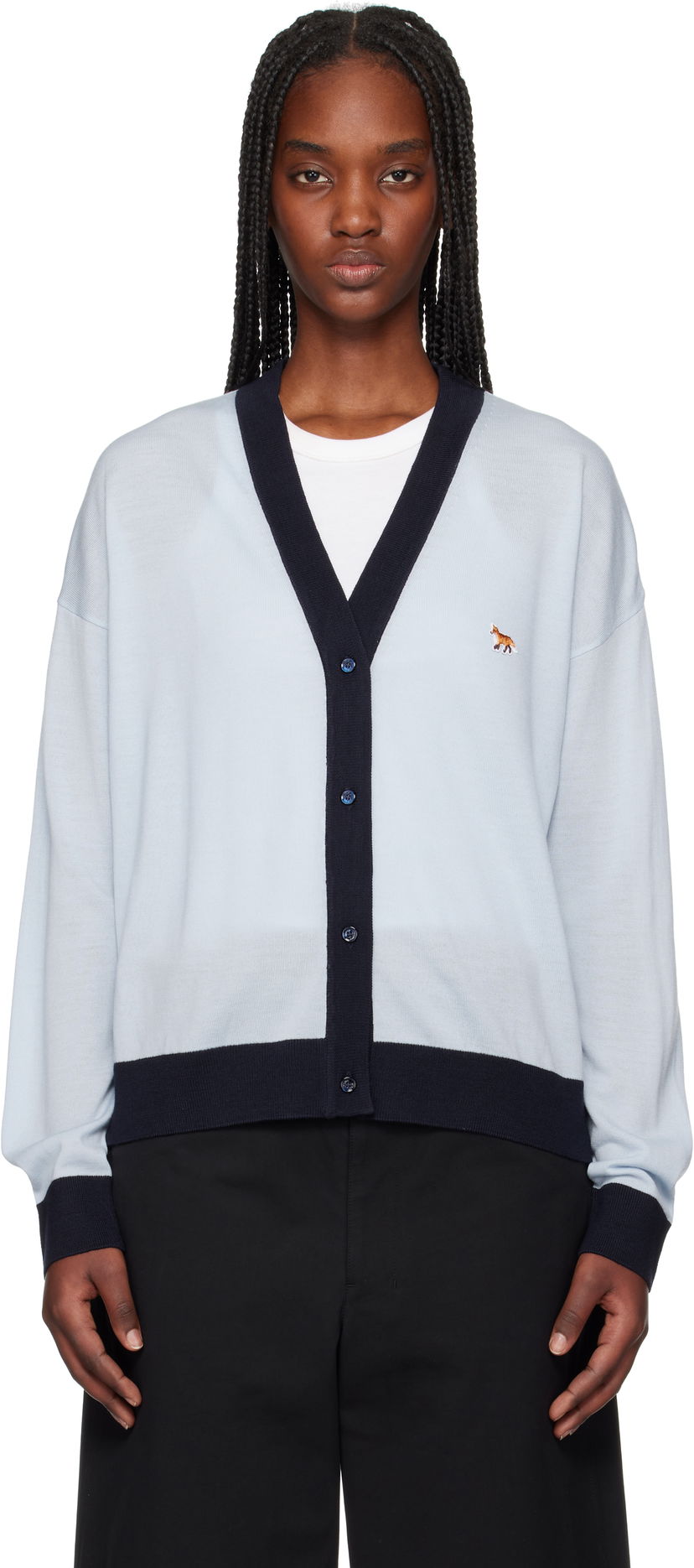 Cветр MAISON KITSUNÉ Maison Kitsuné Bi-Color Comfort Cardigan with Fox Patch Синій | OW00516KT1136