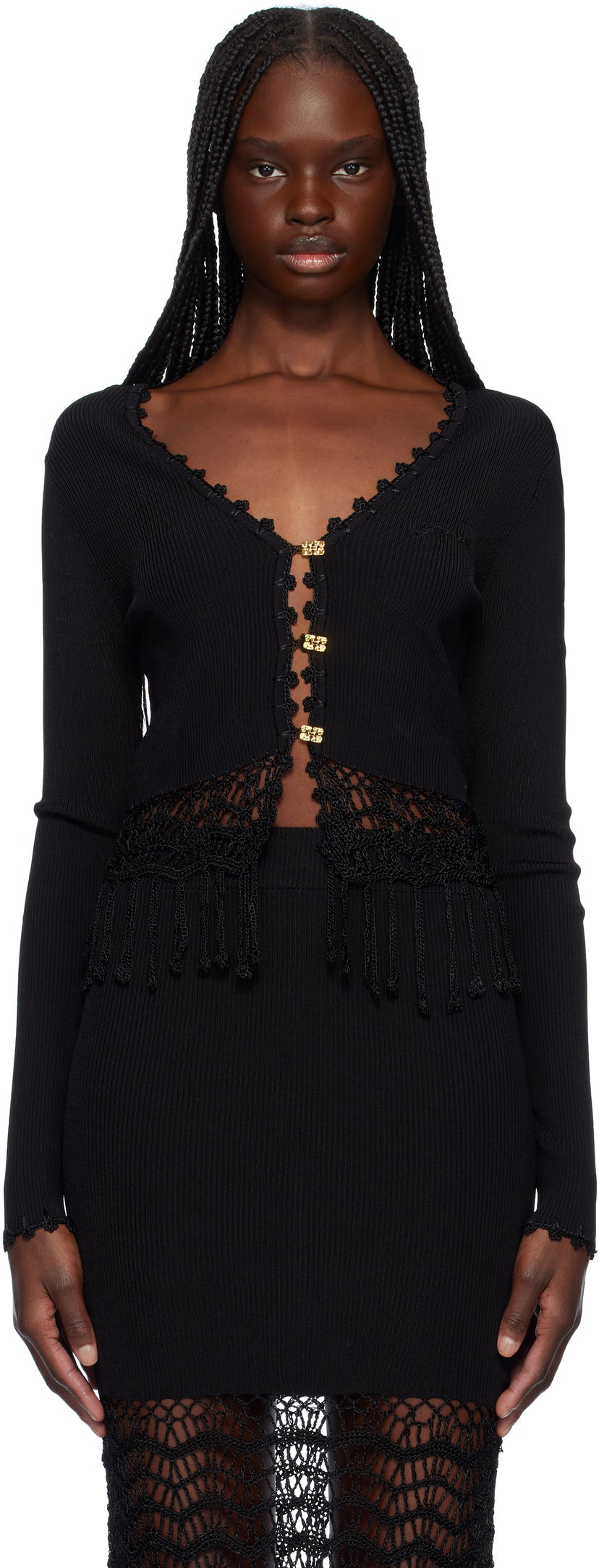 Cветр GANNI Ganni Shiny Viscose Crochet Cardigan чорний | K2433