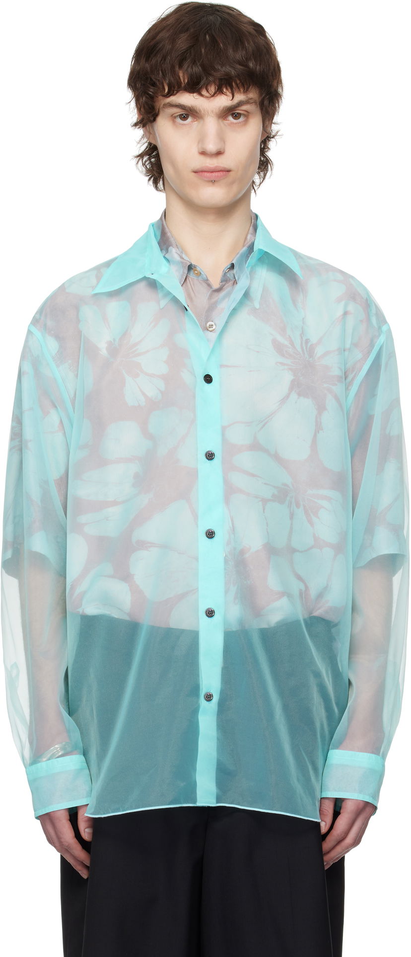 Сорочка Dries Van Noten Dries Van Noten Organza Floral-Print Shirt Бірюзовий | 251-020732-1501
