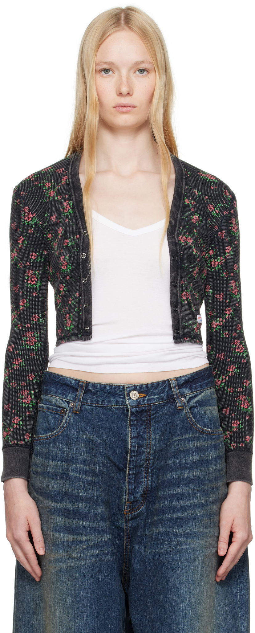 Cветр Alexander Wang Alexander Wang Floral-Print Waffle Knit Cropped Cardigan чорний | 8C4245810P